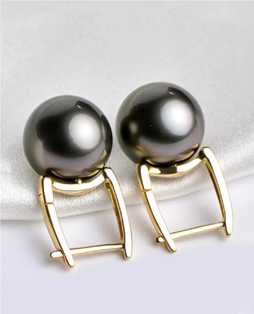 

Charming AAAAA 10-11mm Tahitian Black Green Round Pearl Earrings 925S-