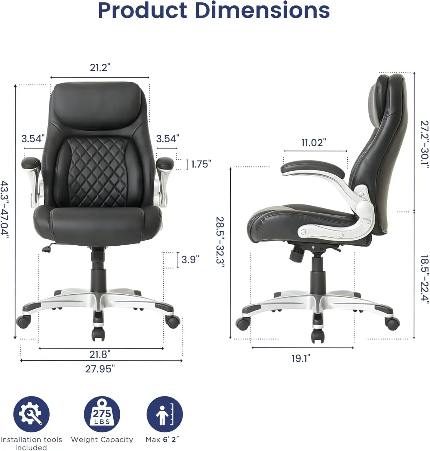 Ergonomic Office Chair in premium microfiber leather, adjustable lumbar support & armrests, high back, swivel tilt function