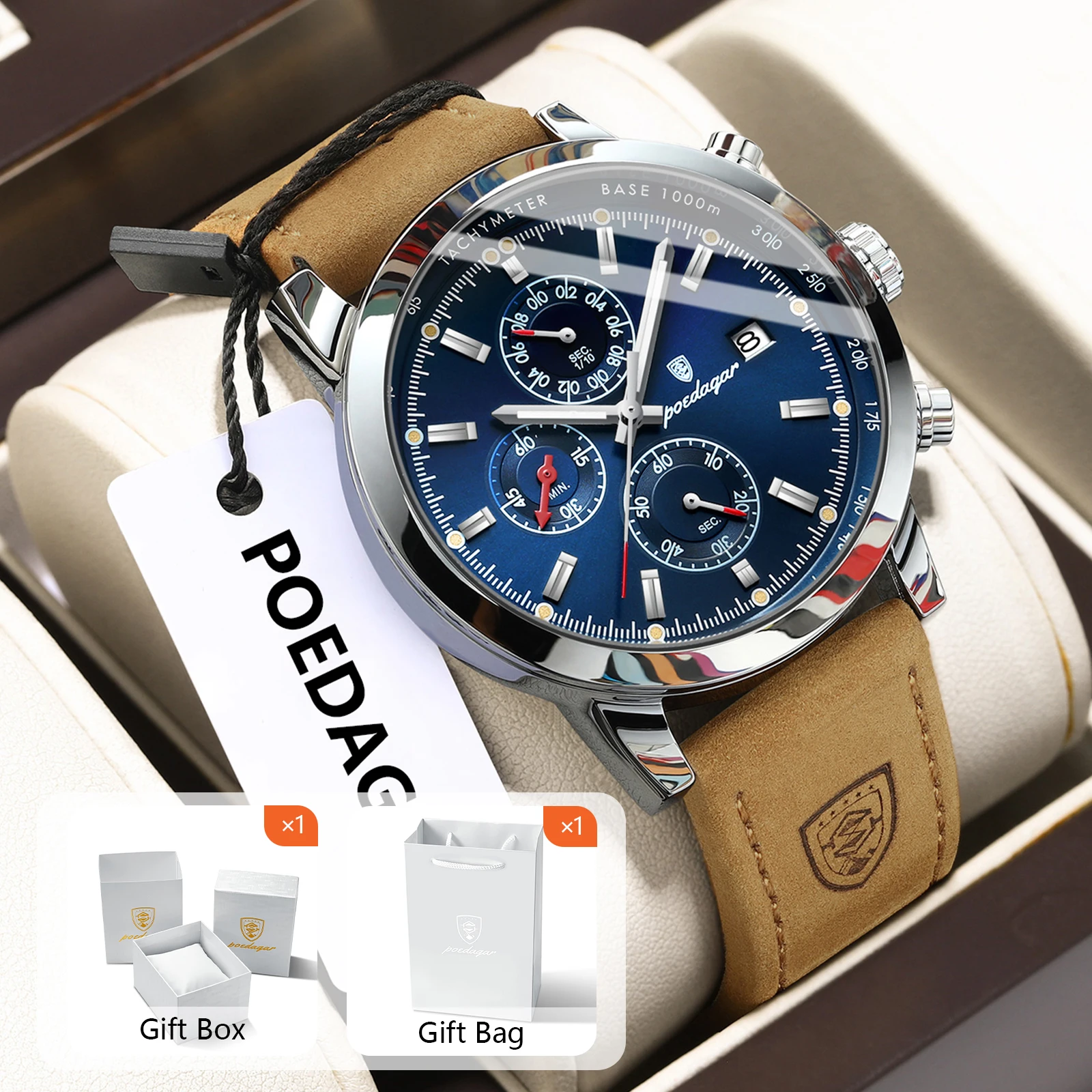 

POEDAGAR Деловые мужские часы Дата Водонепроницаемые светящиеся хронографы Мужские наручные часы Кожаные спортивные кварцевые мужские часы с подарочной коробкой