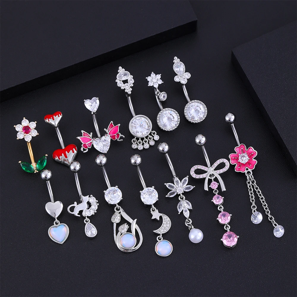 14G Curved Opal Dangled CZs Belly Button Rings Heart Butterfly Cute Cat Water-Drop Navel Piercing Nombril Sexy Body Belly Rings