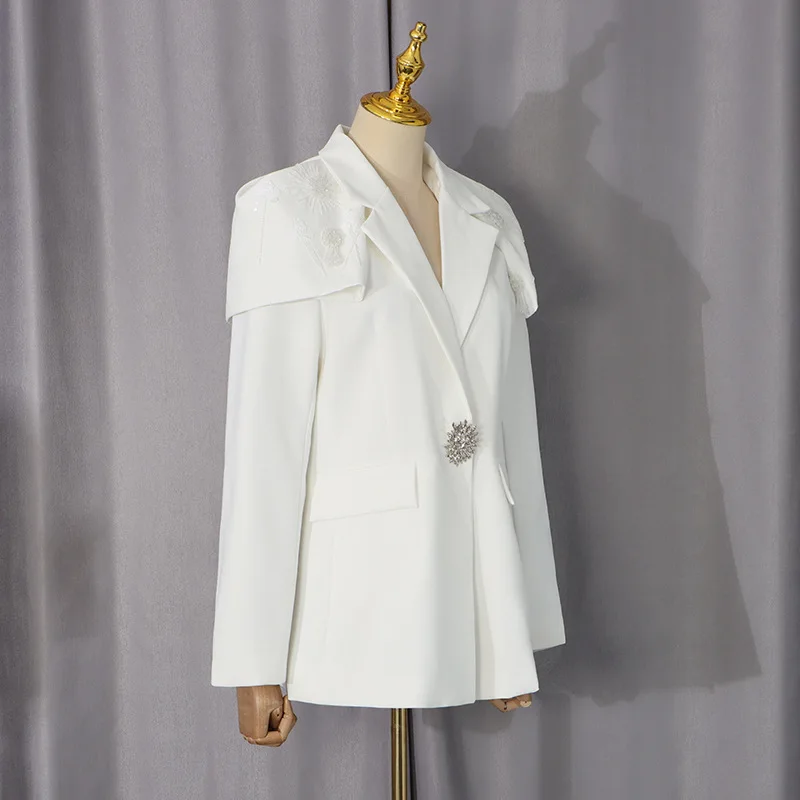 White Rhinestone Beaded Women Blazer Cape Shoulder Long Sleeve Suit Jacket Formal Office Business Blazer Mujer Elegant