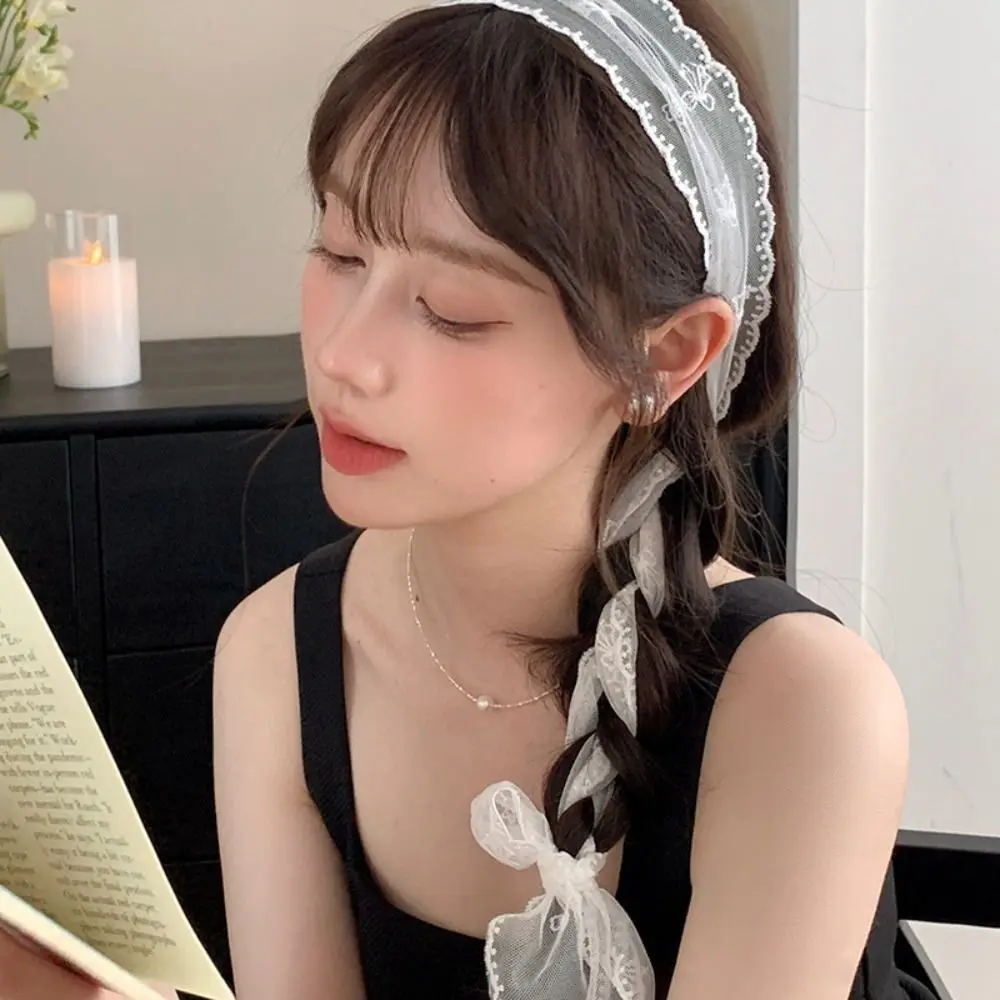 

Pastoral Style Lace Hair Scarf Soft Wrap Adjustable Sweet Bow Headband Embroidery Turban Accessories Ribbon Hair Strap Wedding