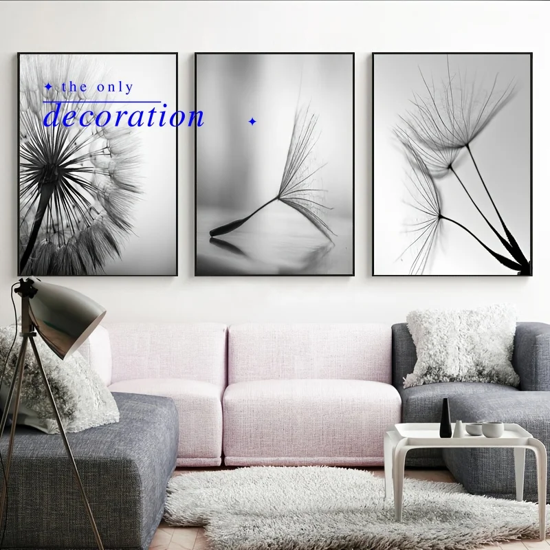 3pcs Frameless Decorative Paintings - Black and White Dandelion Flower Wall Poster, Canvas Art