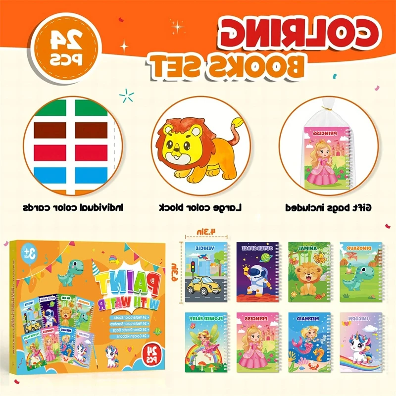 24er-Pack Aquarell-Malbücher für Kinder – englische Malbücher mit Farbe, Tier- und Prinzessinnen-Themen