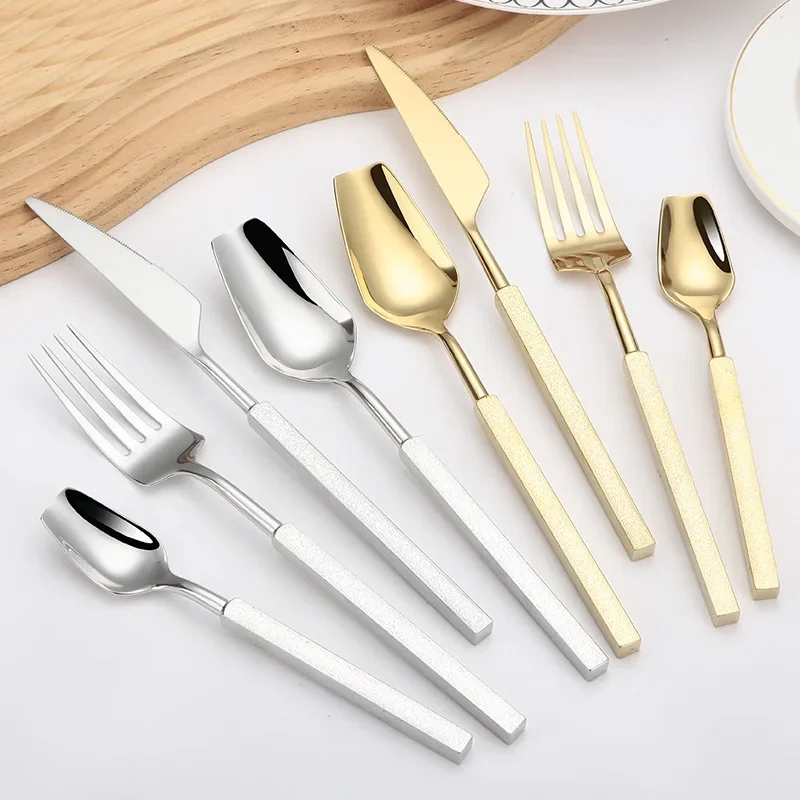 4pcs Luxury Cutlery Set Western Stainless Steel Gold Plated Tableware Dinnerware Square Handle Knife Fork Spoon Dishwasher Safe