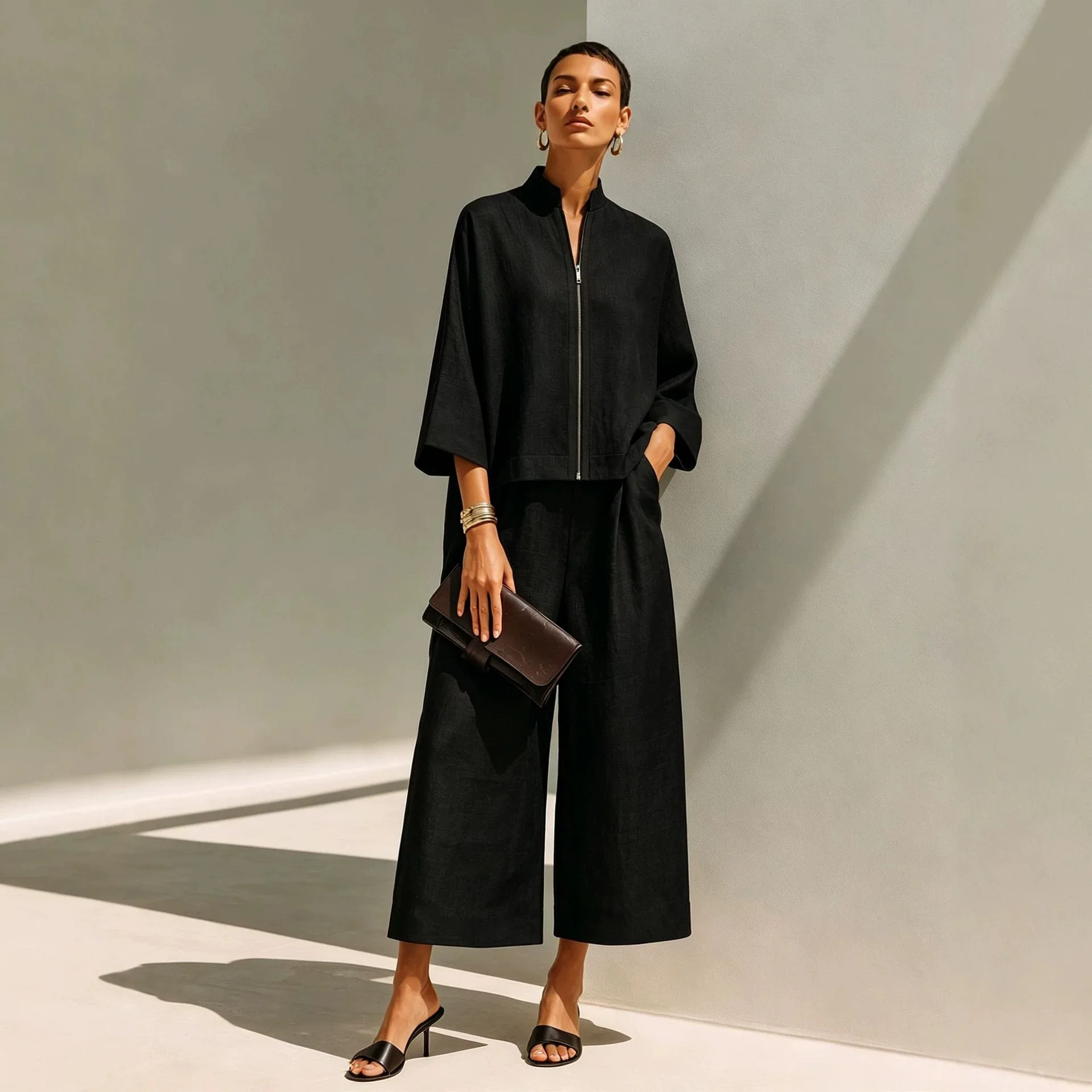 New Women Fashion Spring Autumn Linen Two Piece Set Stand Collar Zip 3/4 Sleeve Top Wide Leg Pants Casual Solid Matching Outfit view 2