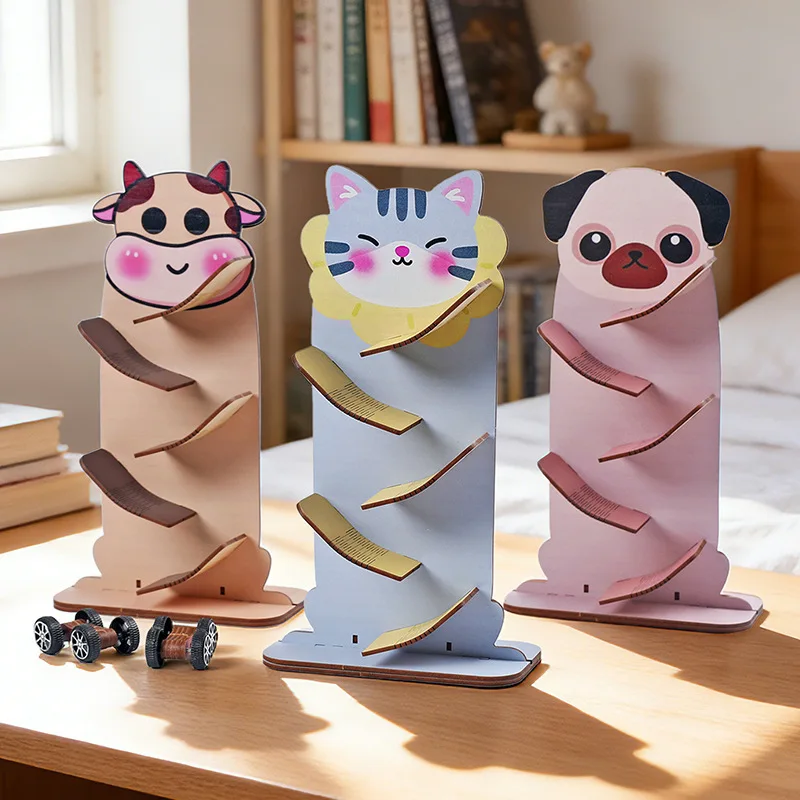

DIY Wooden 3D Puzzle Cute Animal Slide Car Set, Colorful Spray-Paint Gravity Track Building Kit, Montessori Educational Toy