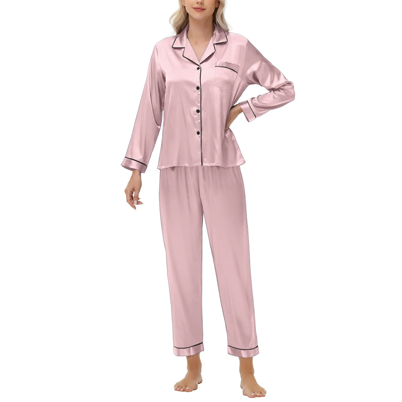 

Women'S Pajamas Set Soft Pink Satin Texture Silky Drape Long Sleeves And Trousers Home Clothes For Sleeping And Leisure Scenes