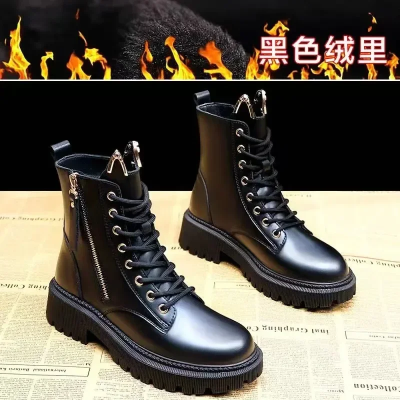 2023 Trend Women\'s Pu Leather Ankle Boots Autumn Winter Round Toe Lace Up Shoes Woman Classic Fashion Motorcycle Platform Botas