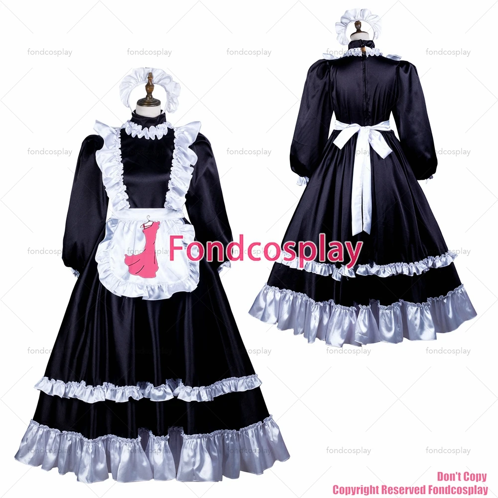 fondcosplay adult sexy cross dressing sissy maid long black satin dress lockable Uniform white apron costume CD/TV[G3733]