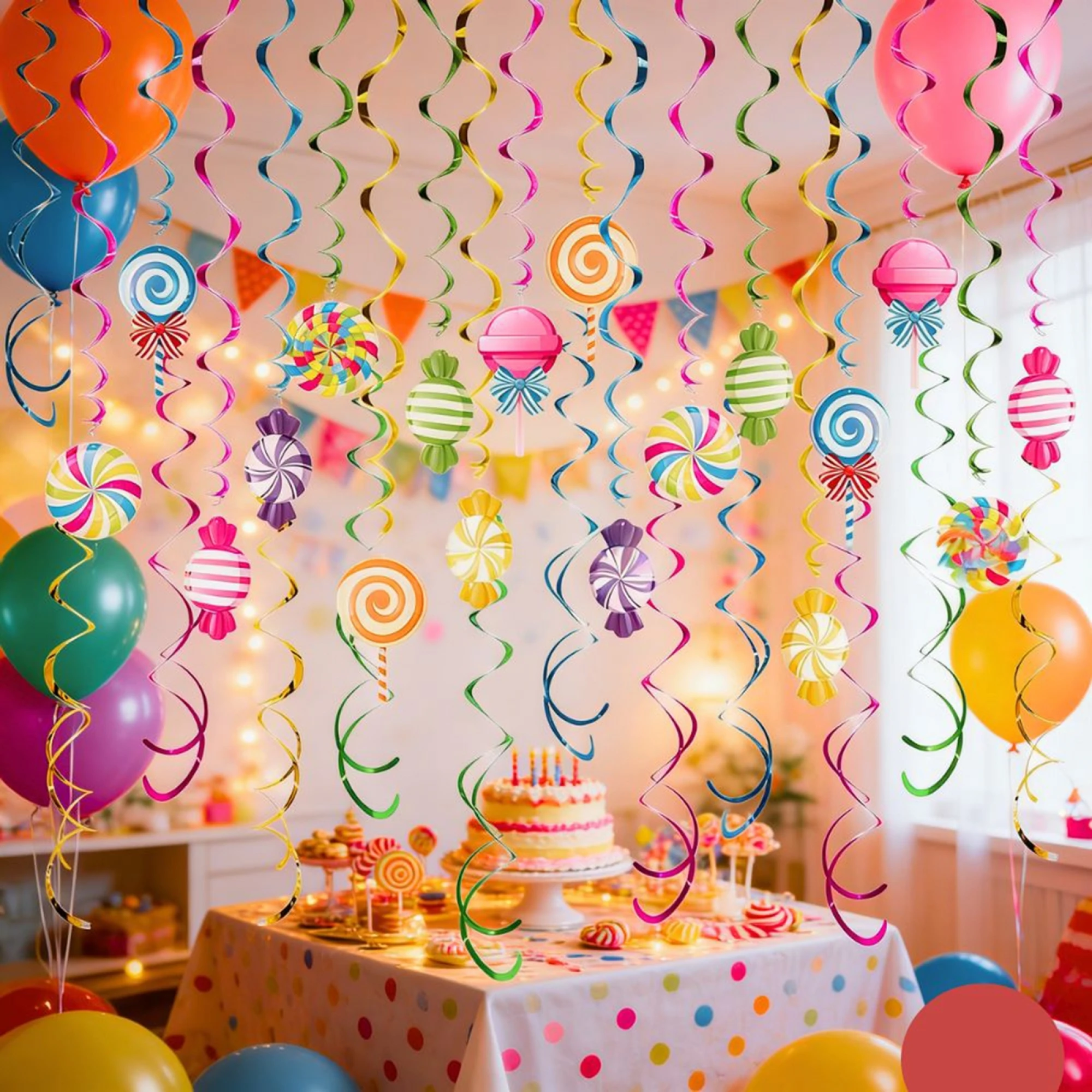 48Pcs Birthday Hanging Swirls for Kids Flat Paper Candy Decorations Streamer Ceiling Spirals Party Supplies