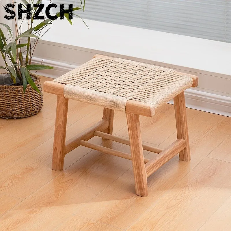 Handwoven Rattan Solid Wood Stool Entryway Shoe Bench Sofa Ottoman Multifunctional Home Accent