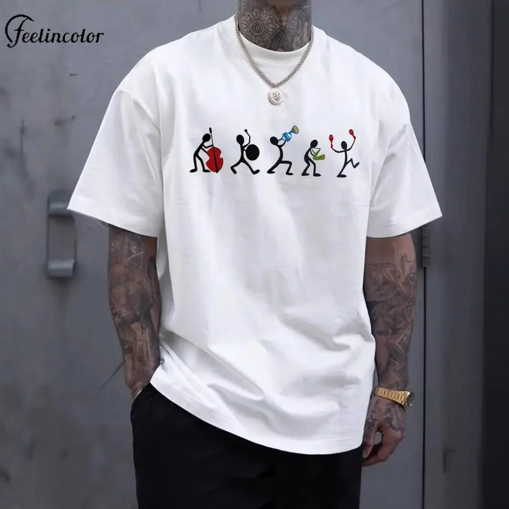 

Men's Casual Round Neck T-shirt Music Player Pattern Tops Elastic Knitted Short Sleeved Tee Shirt Summer Black White Streetwear