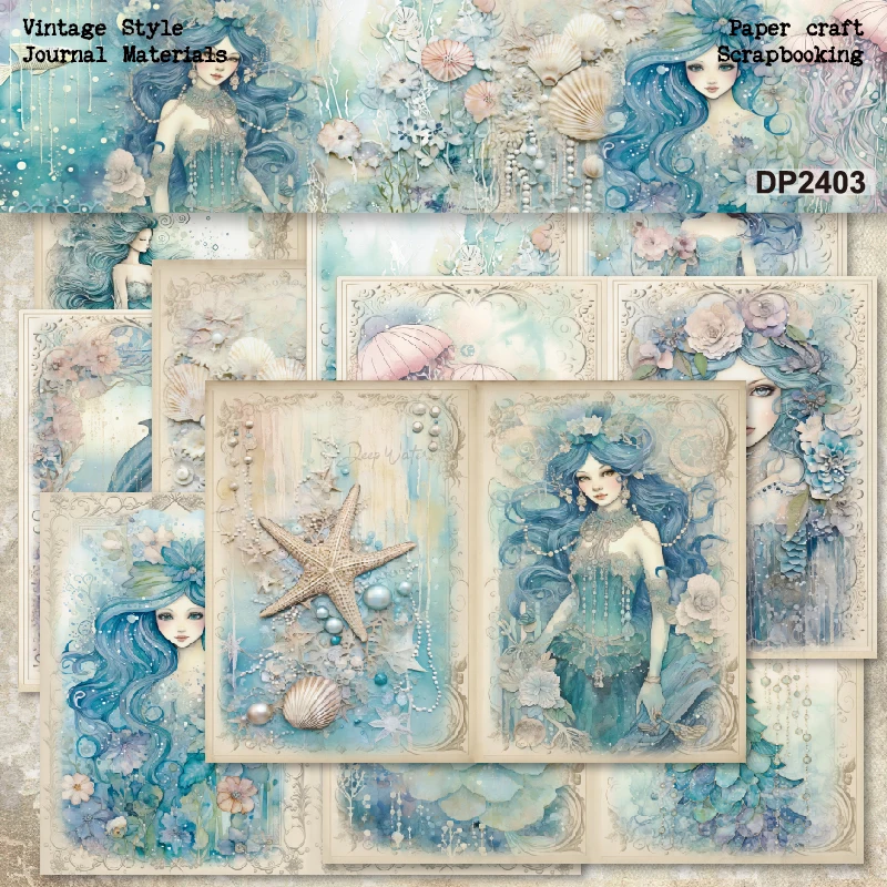 KLJUYP 8sheets A5 Size Mermaids Scrapbooking patterned paper Fancy Card Pack Light weight Craft Paper Card 2403