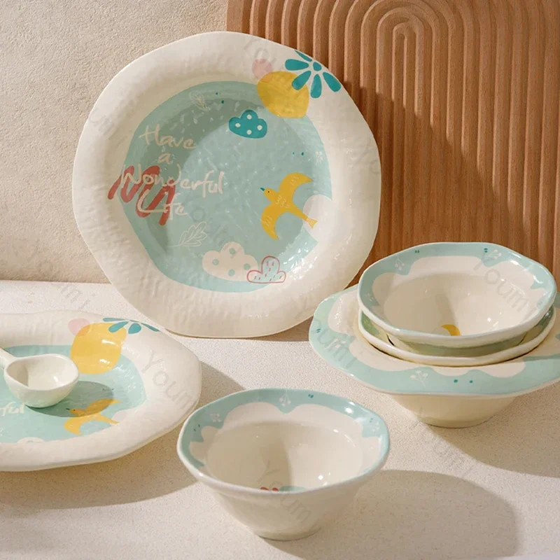 Irregular Ocean Ceramic Plate Home Breakfast Oat Yogurt Bowls Afternoon Tea Fruits Salad Plates Delicious Dishes Rice Bowl