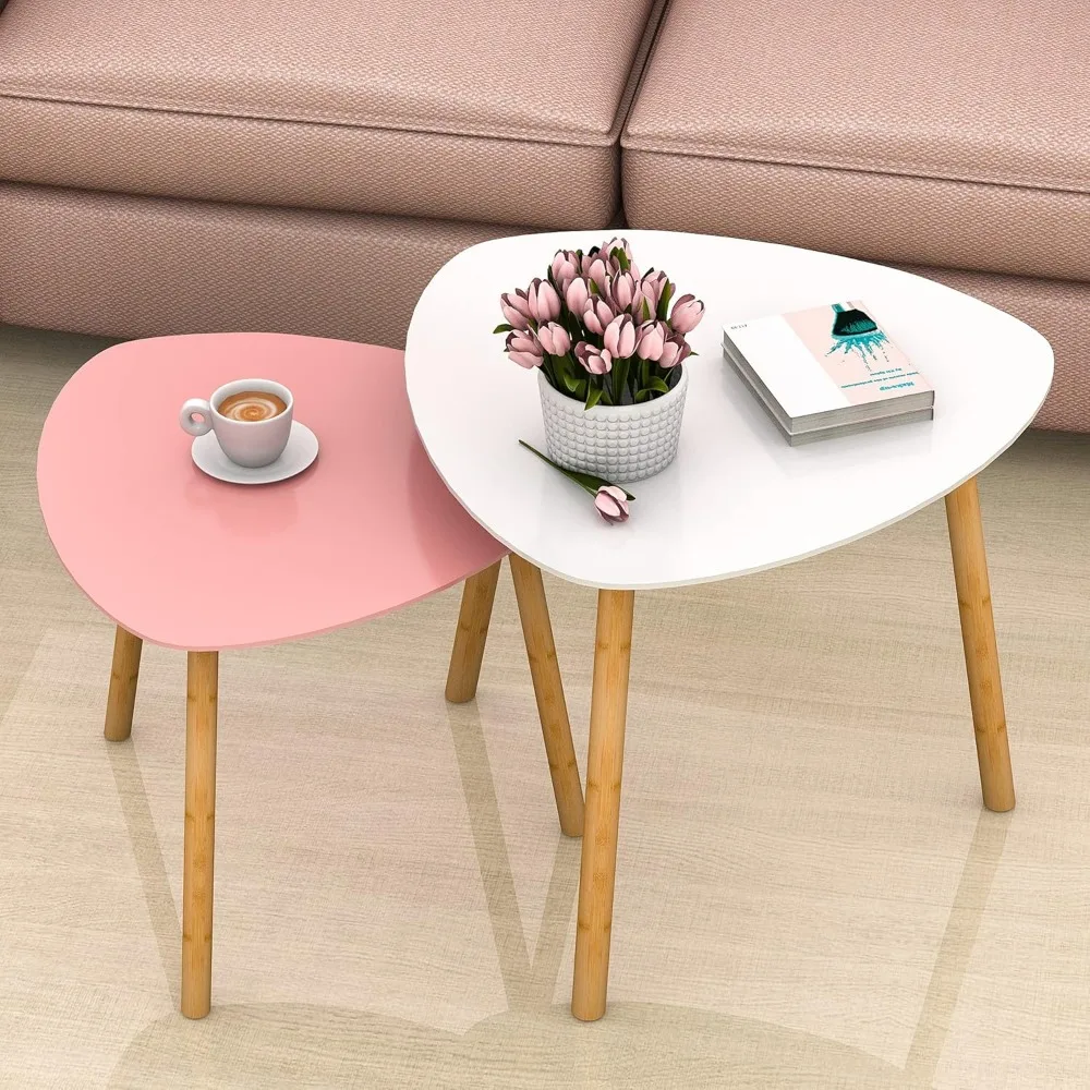 

Small Coffee Table for Living Room, Set of 2 End Table Modern Side Table for Bedroom Apartment Small Spaces, (White & Pink)