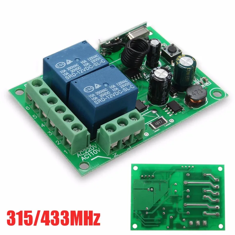 Smart Home AC85V-AC220V 10A 315/433MHz 2 Channel Universal Wireless Relay RF Remote Control Switch Heterodyne Receiver Module