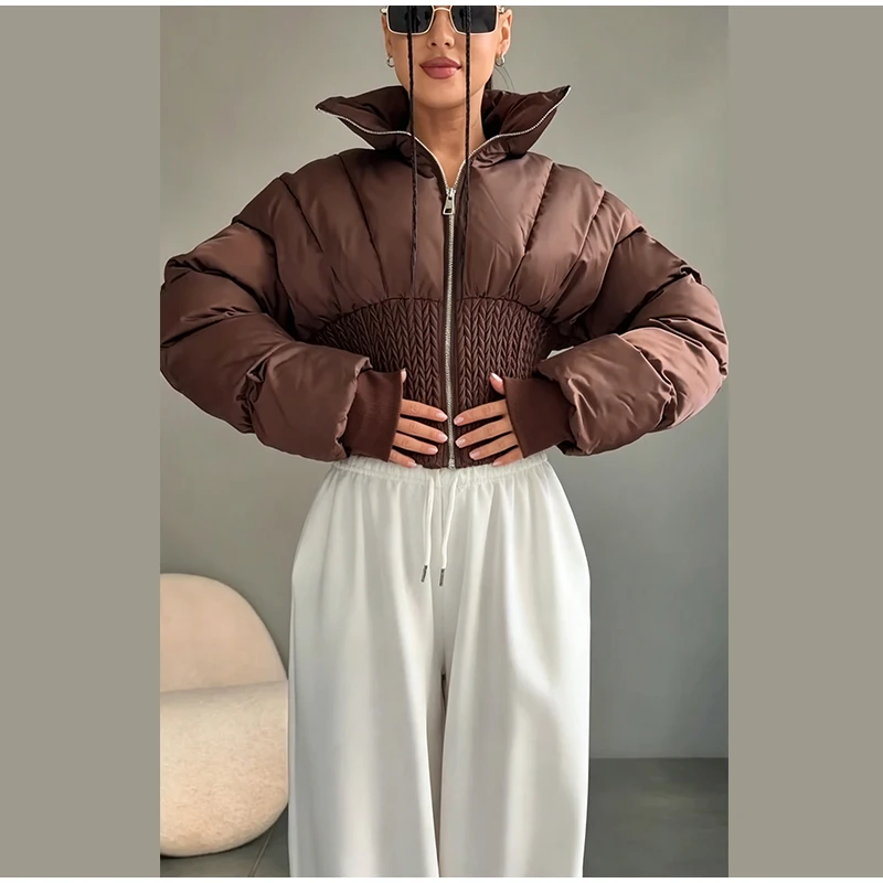 Fashion Solid Padded Coats Women's Stand Collar Full Sleeve Zipper Waist-cinching Warm Jacket 2026 Winter New Lady Outerwear