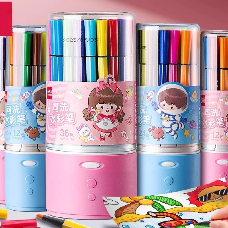Deli Washable Watercolor Pen Set with Cartoon Case for Kids Drawing and Painting