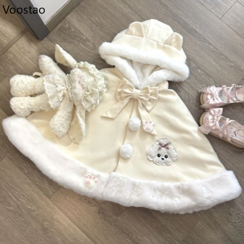 

Autumn Winter Japanese Kawaii Lolita Girls Hooded Cloak Sweet Cartoon Embroidery Warm Bow Cape Coat Korean Women Chic Jackets
