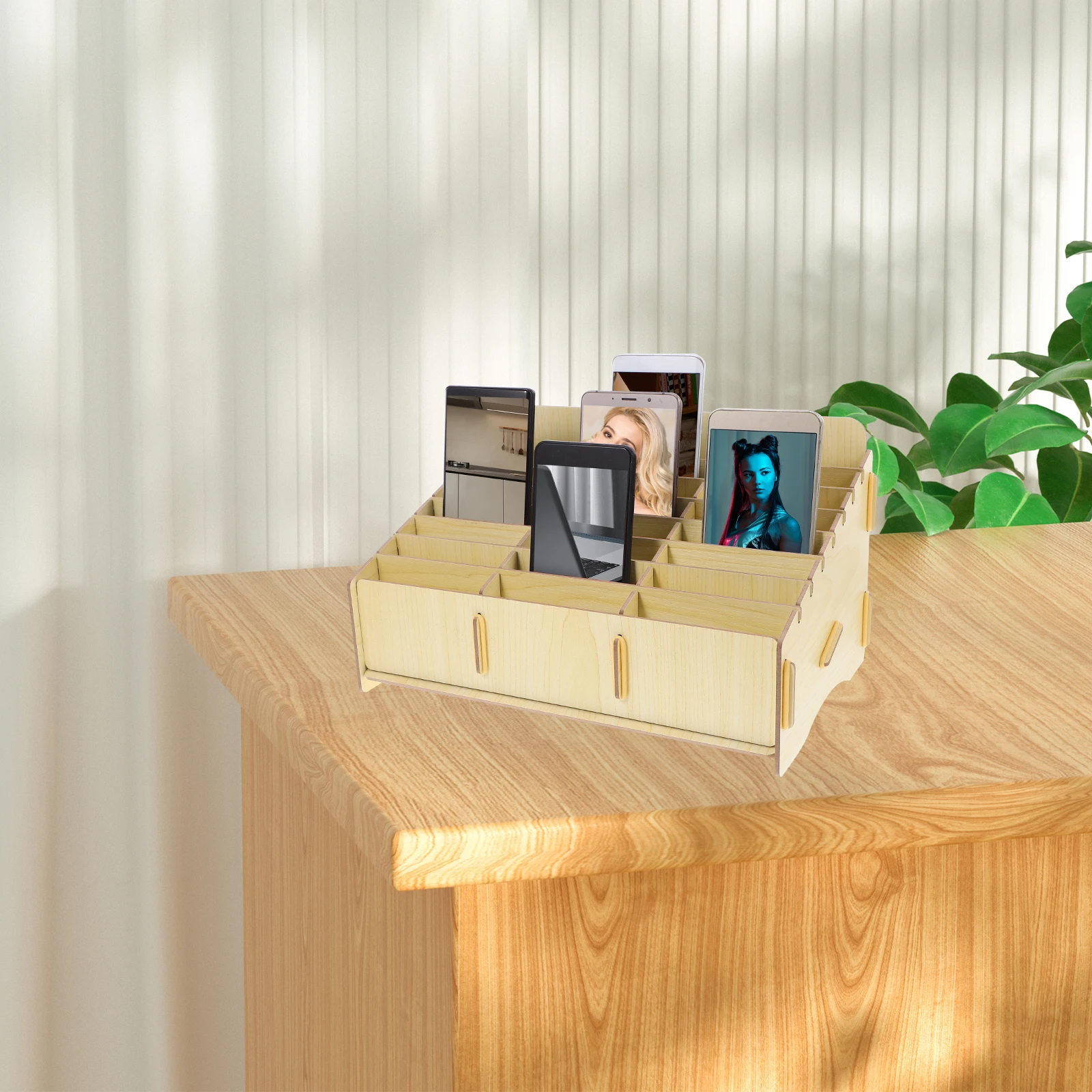 

Mobile Phone Storage Box Wooden Desktop Organizer For Office Home School Classroom Cell Phone Holder Rack Pencil Remote