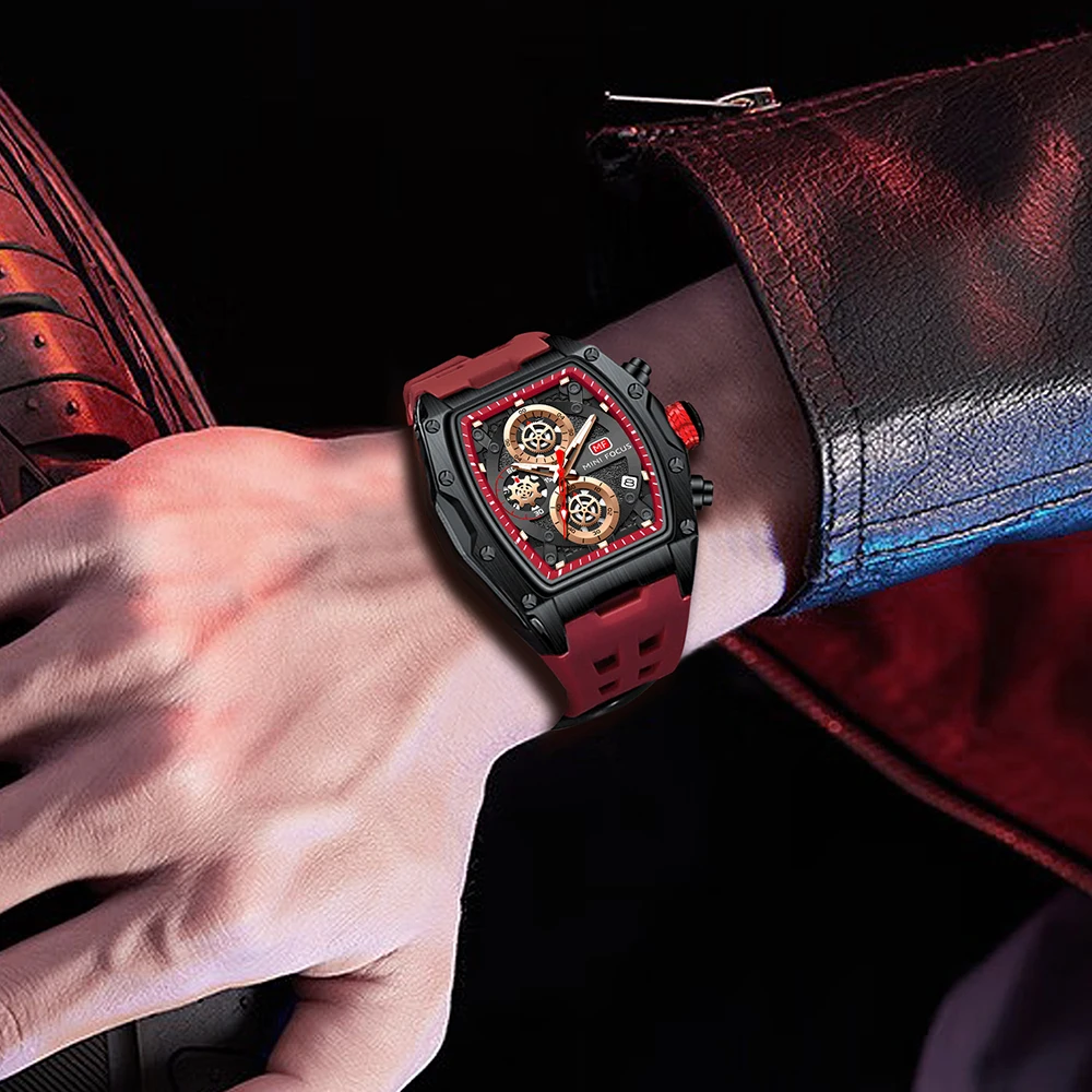 MINI FOCUS Multifunctional Luxury Fashion Quartz Wristwatches for Men Warrior Red Strap Waterproof Chronograph Reloj Hombre 473G