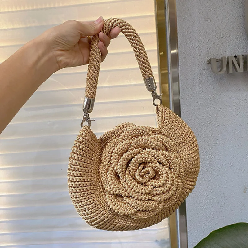 

Handmade Crochet Rose Tote Bag Women's Fashion Knitted Handle Shoulder Bag Beach Vacation Handbag Elegant Banquet Underarm Bag