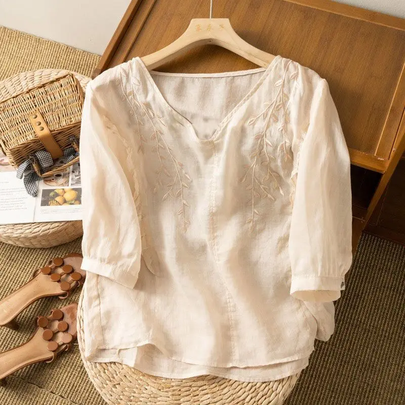 Women Summer Vintage Ethnic Style Embroidery Blouses Ruffle V Neck 3/4 Sleeve Cotton Linen Shirts Female Casual Solid Loose Tops