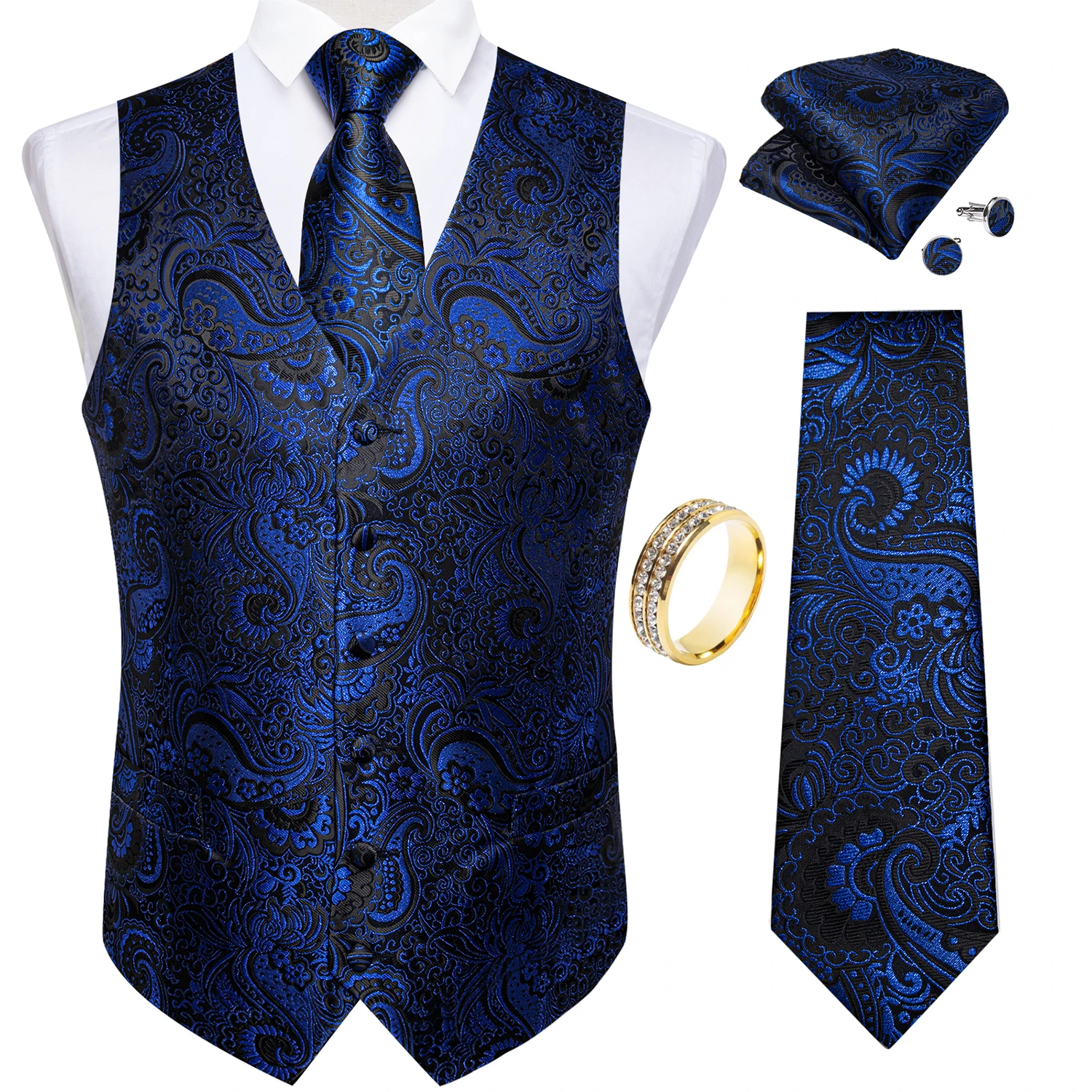 Black Base Royal Paisley Vest Matching Kit Tie Pocket Square Cufflinks Gold Ring For Evening Show Wedding Guest