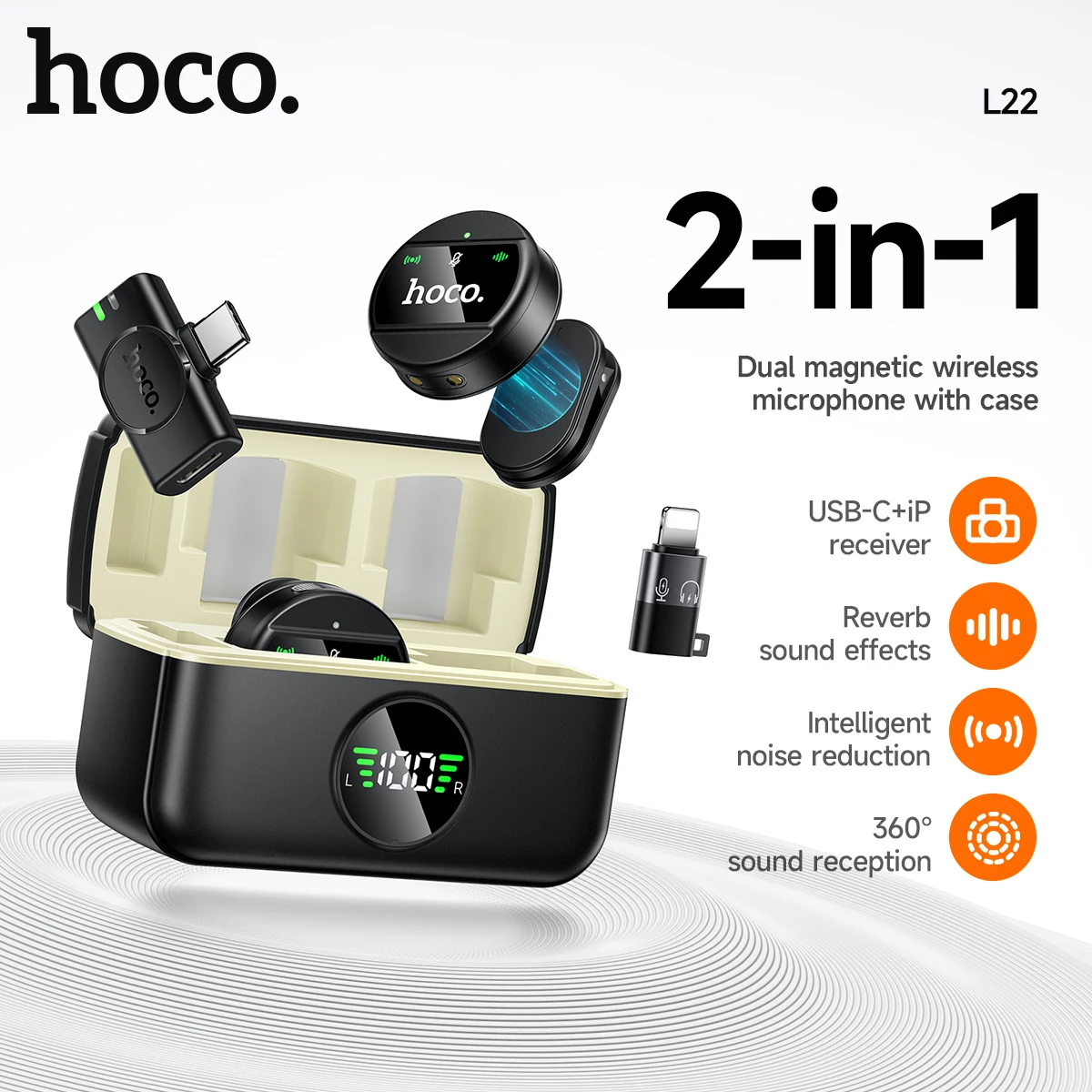HOCO L22 2-in-1 Wireless Digital Microphones Magnetic Lavalier For iPhone Type-C Samsung Smart Mobile Phone TK Audio Live Device