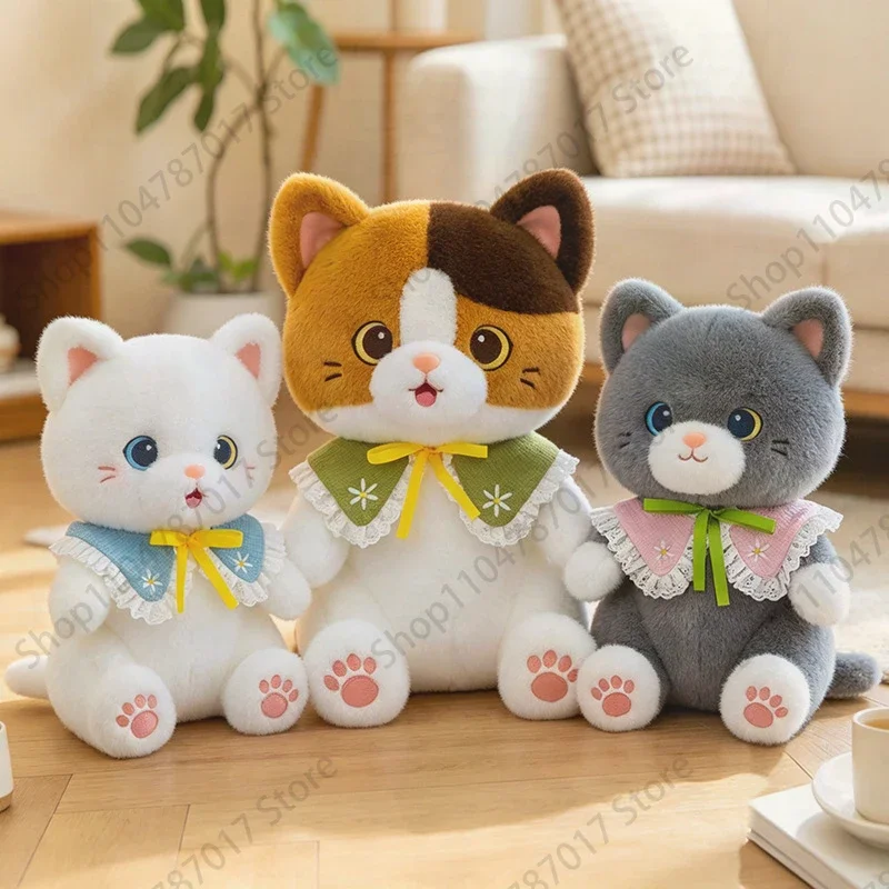 Kawaii Cartoon Cat Plush Doll With Lace Bib Bow Tie Shawl Cute Healing Kitten Soft Stuffed Toy Home Decor Birthday Gift For Girl