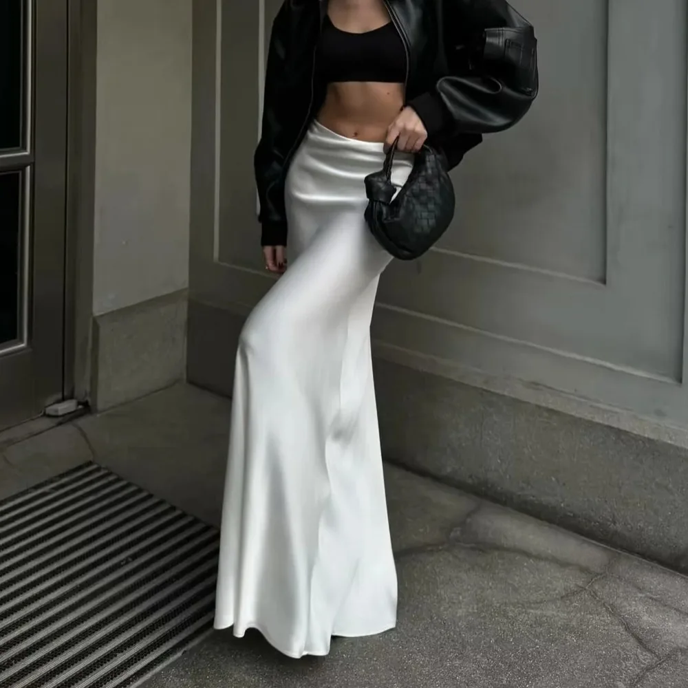 Novo em 2025 feminino primavera verão cor sólida elegante cetim saias longas na moda cintura alta outono estilo francês faldas