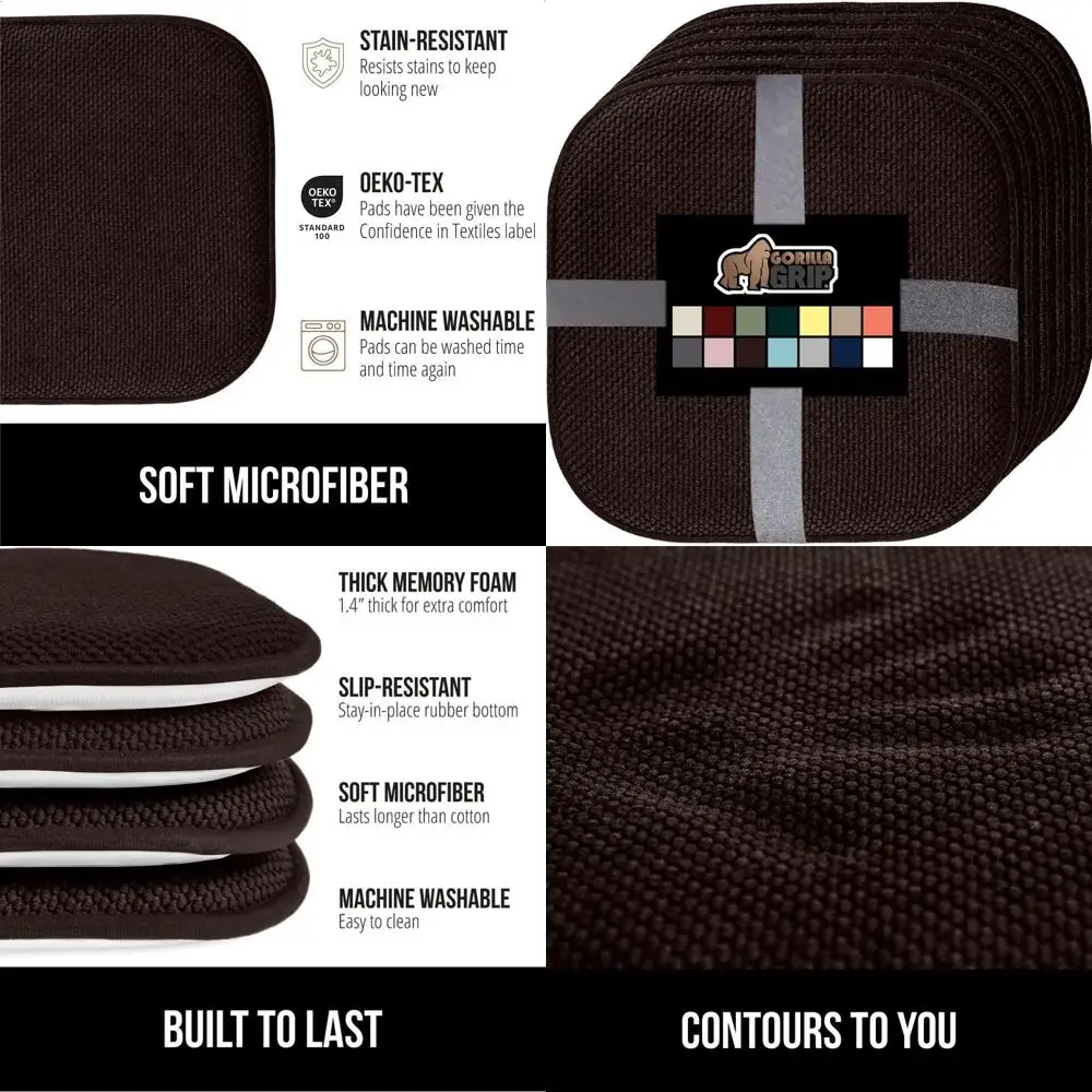 

Set of 6 Non-Slip Memory Foam Chair Cushions, 16x16 Inches, Brown, for Dining and Kitchen Chairs, Office, Rocking Chairs, Home D