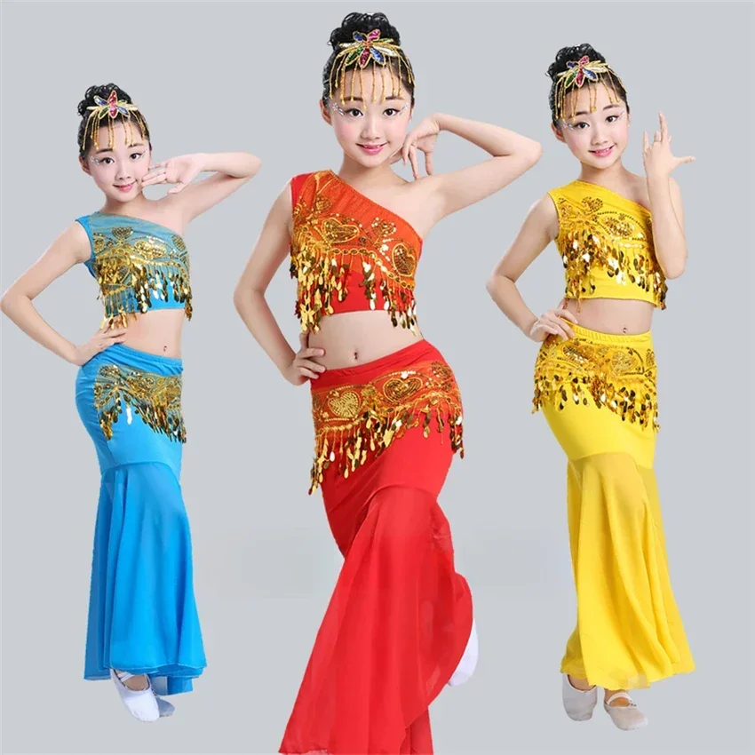 

Children Egypt Performance Pratice Clothes Oriental India National Girl Sequins Shoulder Off Tail Belly Skirt Bellydance Costume