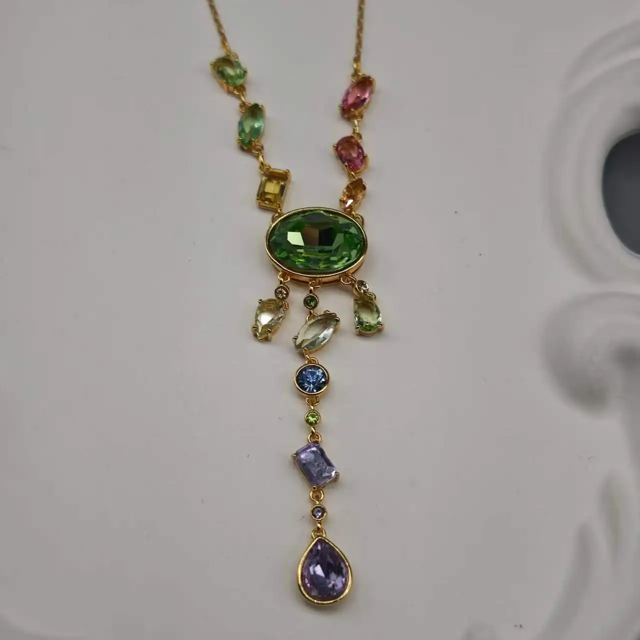 

Rainbow Crystal Cluster Y-Drop Necklace, Gold Plated Green Gemstone Lariat Pendant for Evening Wear