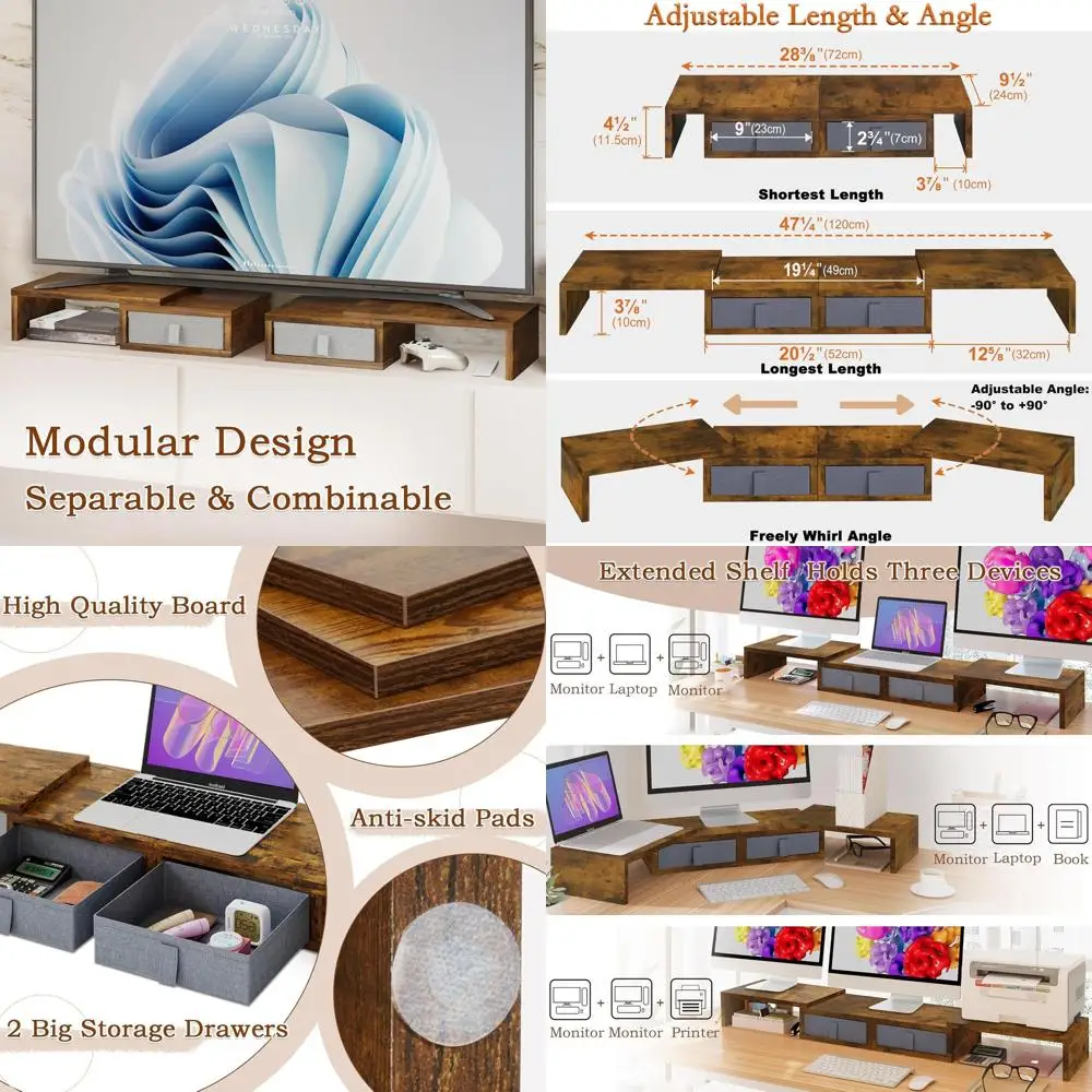 Adjustable Dual Monitor Stand with Storage Drawers, White Desk Organizer for 2 Screens/Laptops, Wood TV Stand (Brown)