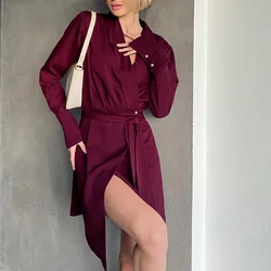 Temperament Suit Collar Satin Long-sleeved Dress with Waistband and Bow Tie Burgundy Short Skirt with Slits Vestidos De Mujer