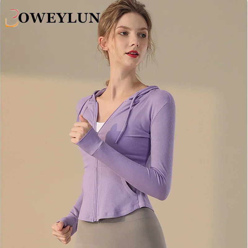 BOWEYLUN Fitness Hooded Sports Jacket Female Running Tops Long Sleeve Quick Dry Casual Yoga Clothing Women Spring and Autumn