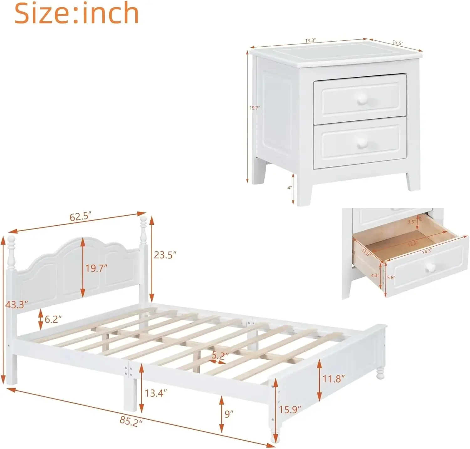 3 Pieces Bedroom Sets Queen Size Platform Bed with Headboard and Two Nightstand, Solid Wood Bedroom Furniture Sets