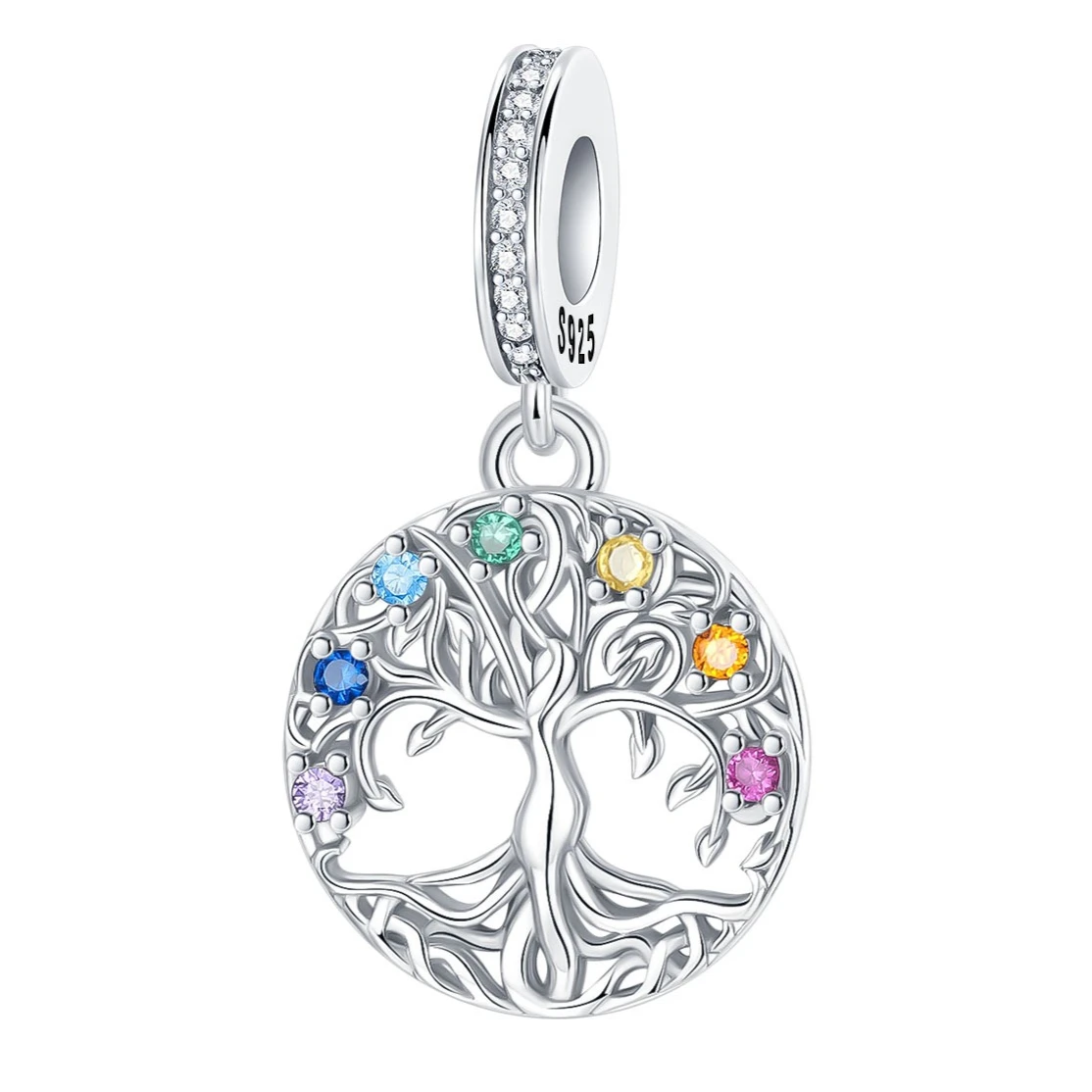 925 Sterling Silver Charm Tree of Life 7 Chakra Yoga Meditation Pendant for Women Fit Original Bracelet Necklace DIY Accessories
