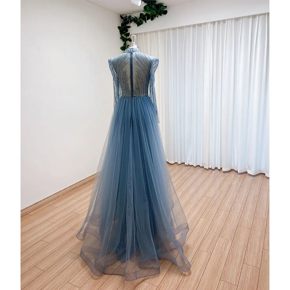 Elegant Muslim Evening Dress for Women 2024 Luxury Dubai High Neck Long Sleeves Beads Formal Prom Wedding Party Gowns Customized