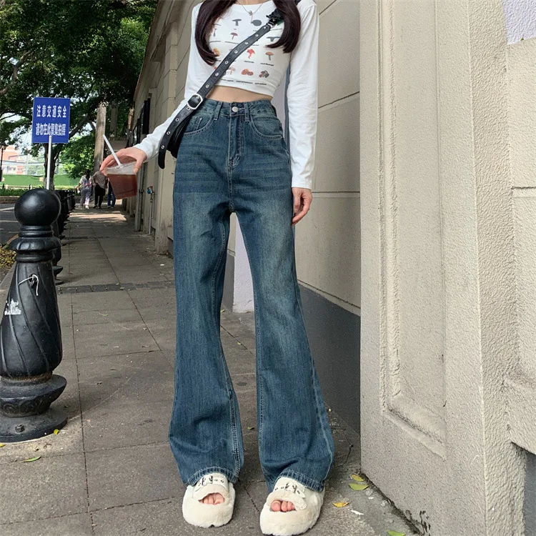 

Deep Blue Flared Jeans Wide Leg Trousers Long Denim Pants Women Spring Summer