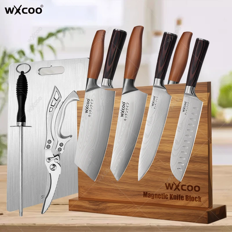 

Damascus Pattern Meat Cleaver Chopping Bone Kitchen Knives Professional Chef Knife Japanese Santoku Knife Storage Knife Block