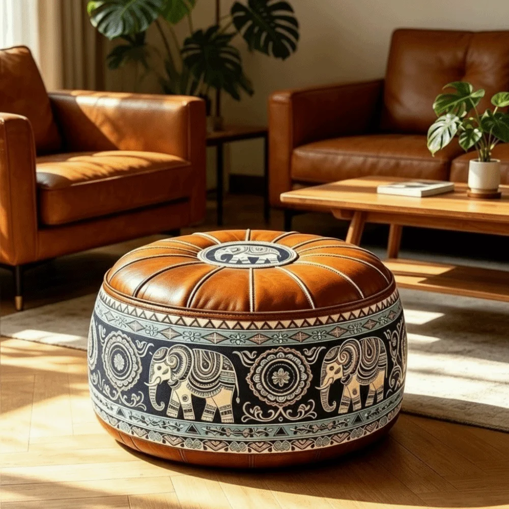 PU Leather Boho Style Seat Cushion Cover Fillable Design Large Capacity Round Footstool Cover Waterproof Unstuffed