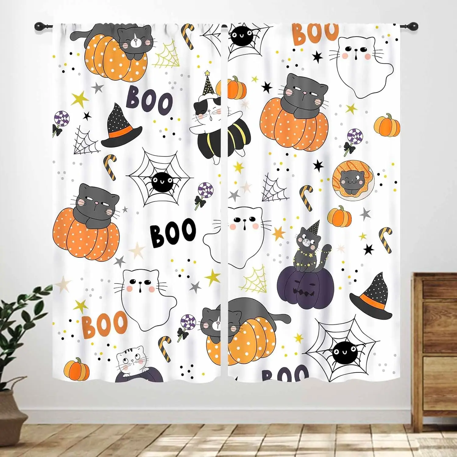Halloween Curtain for Kis Bedroom,Cute Cat Cartoon Pumpkin Ghost Lovely Animal Spider Candy Witchy Hat Boys Girls Room Window