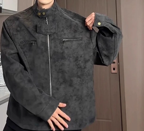 Men's 2025 Autumn New High-End Stylish Jackets Male Zipper Tie-Dye Motorcycle Faux Leather Jacket Long Sleeve Solid Color Coats