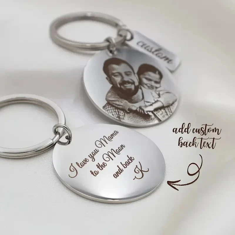 

Stainless Steel Portrait Custom Photo Keychain Laser Engraved Picture Text Logo Circle Personalized Key Ring Boyfriend Gift