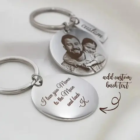 Stainless Steel Portrait Custom Photo Keychain Laser Engraved Picture Text Logo Circle Personalized Key Ring Boyfriend Gift