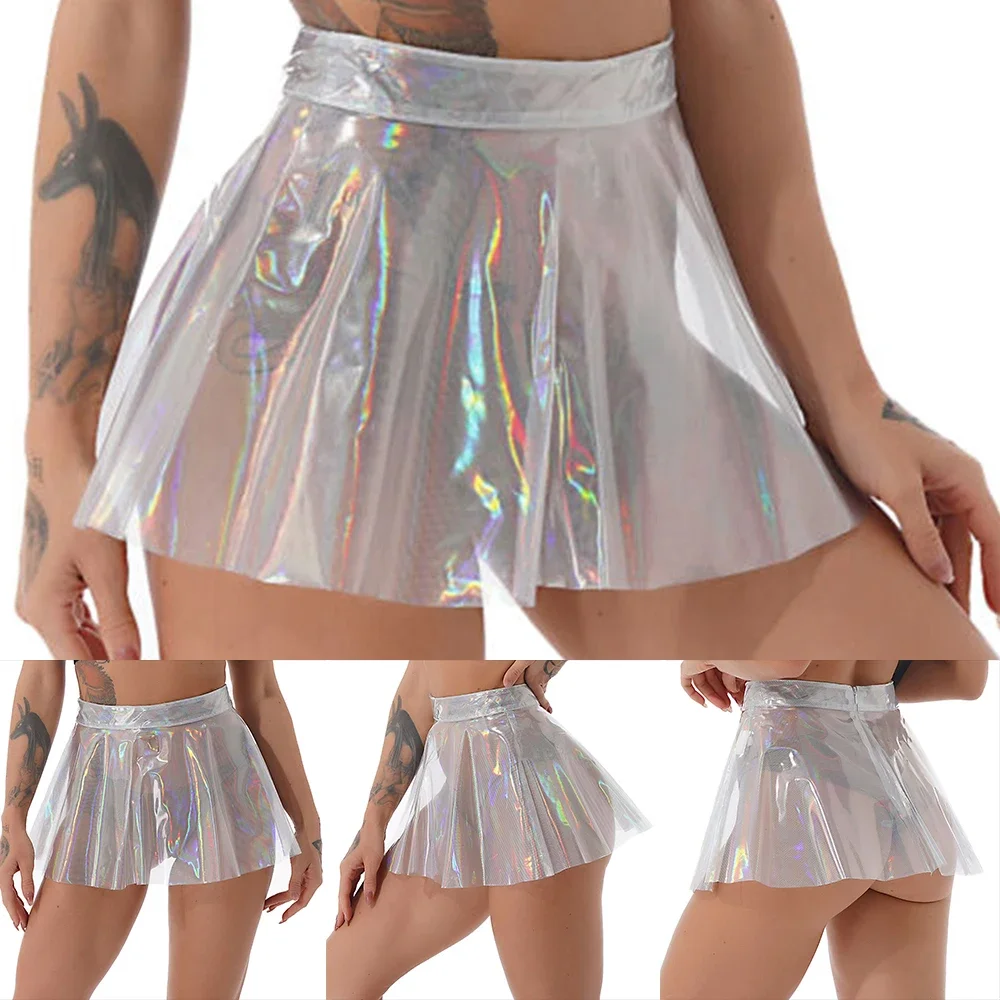 Womens Transparent PVC Pleated Mini Skirt High Waist See Through Skirts 2023 New Style Sexy  Short  Skirts For Ladies