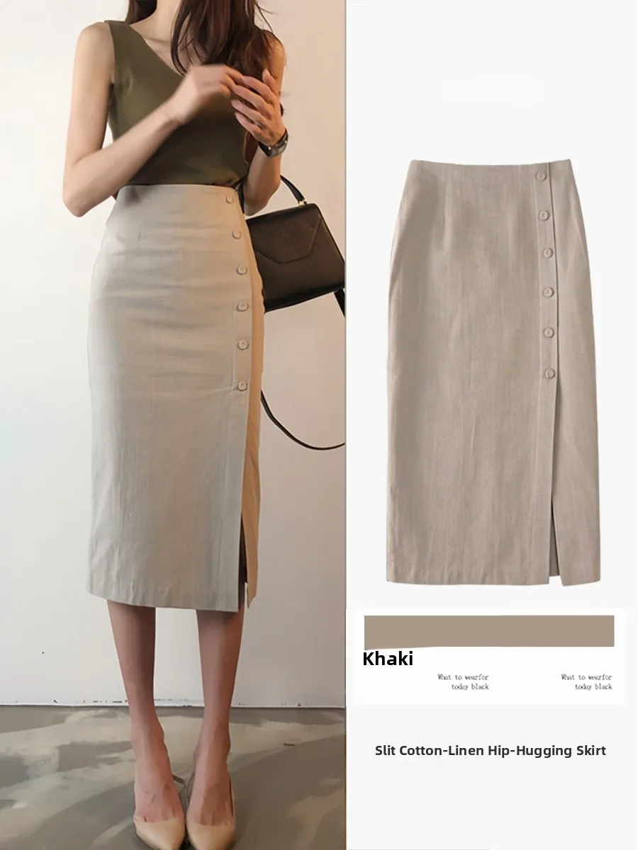 

Cotton Linen High Waist Mid-Length Women's Skirt Spring Autumn New Sle Slimming Design Sensation Light Maturi Aosphere